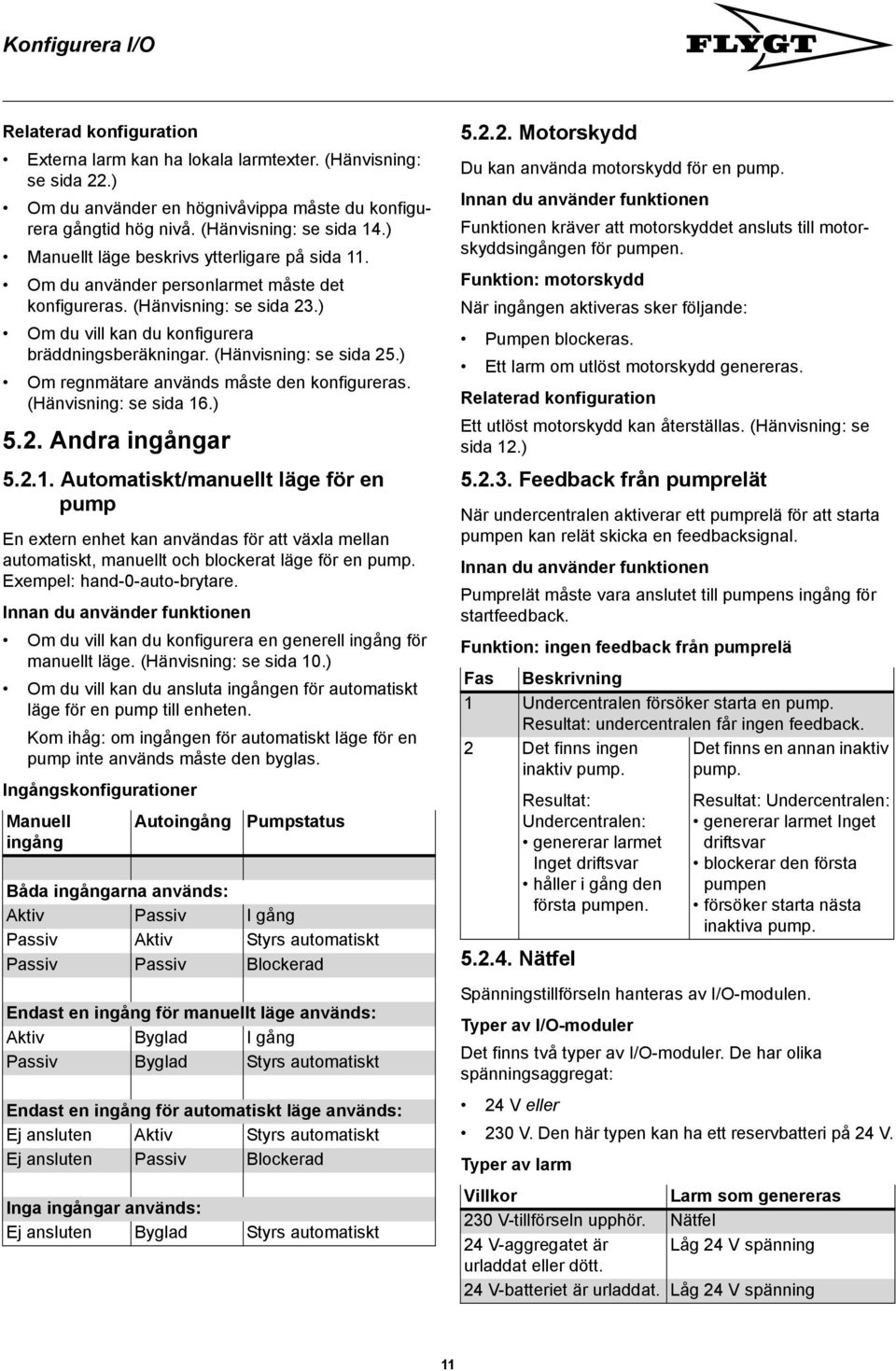 (Hänvisning: se sida 25.) Om regnmätare används måste den konfigureras. (Hänvisning: se sida 6.) 5.2. Andra ingångar 5.2.. Automatiskt/manuellt läge för en pump En extern enhet kan användas för att växla mellan automatiskt, manuellt och blockerat läge för en pump.