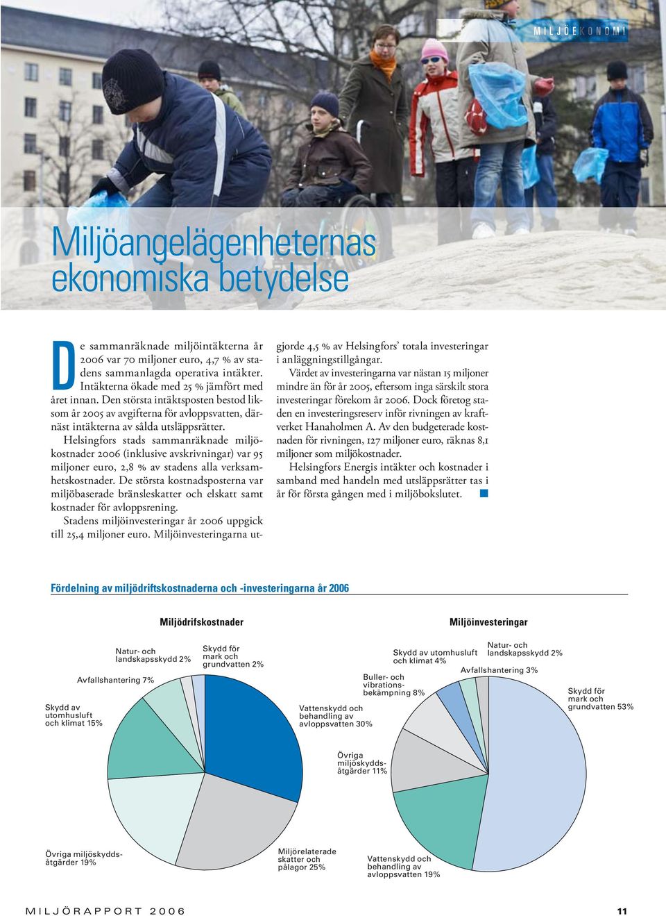 Helsingfors stads sammanräknade miljökostnader 2006 (inklusive avskrivningar) var 95 miljoner euro, 2,8 % av stadens alla verksamhetskostnader.