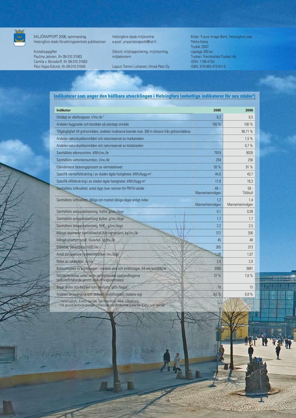 fi Sökord: miljörapportering, miljöstyrning, miljöekonomi Layout: Tommi Luhtanen, Vihreä Peto Oy Bilder: Future Image Bank, Helsingfors stad, Pekka Helos Tryckår 2007 Upplaga 300 ex.