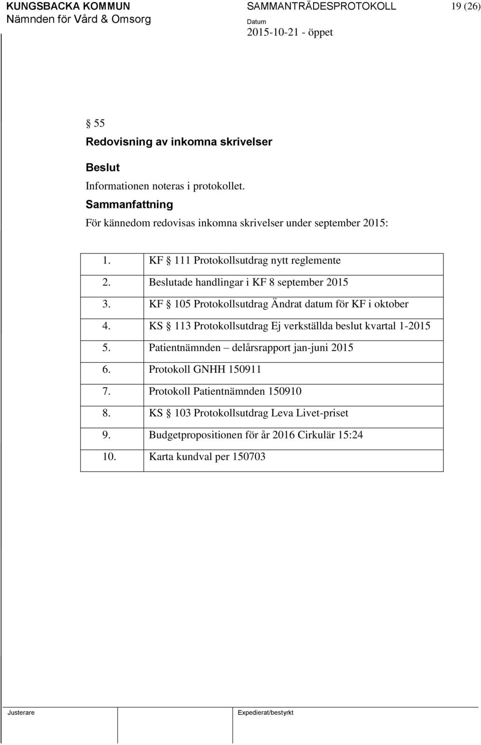 KF 105 Protokollsutdrag Ändrat datum för KF i oktober 4. KS 113 Protokollsutdrag Ej verkställda beslut kvartal 1-2015 5.