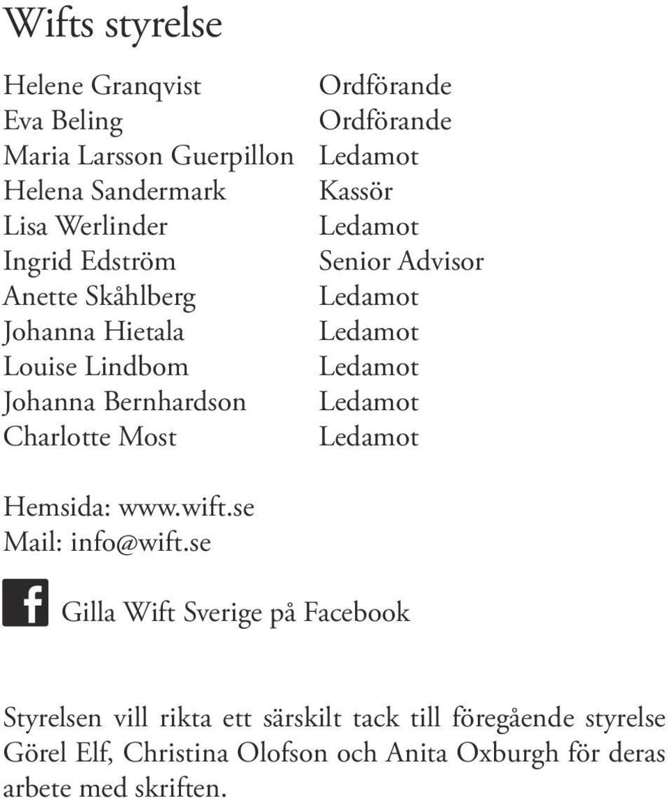 Bernhardson Ledamot Charlotte Most Ledamot Hemsida: www.wift.se Mail: info@wift.