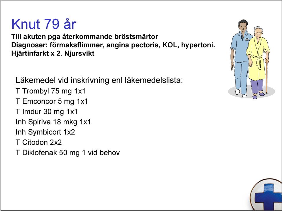 Njursvikt Läkemedel vid inskrivning enl läkemedelslista: T Trombyl 75 mg 1x1 T