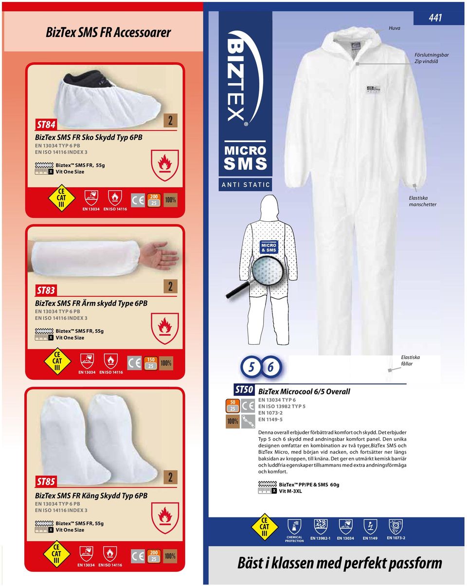 Microcool 6/5 Overall TYP 6 EN 1073-2 EN 1149-5 Denna overall erbjuder förbättrad komfort och skydd. Det erbjuder Typ 5 och 6 skydd med andningsbar komfort panel.