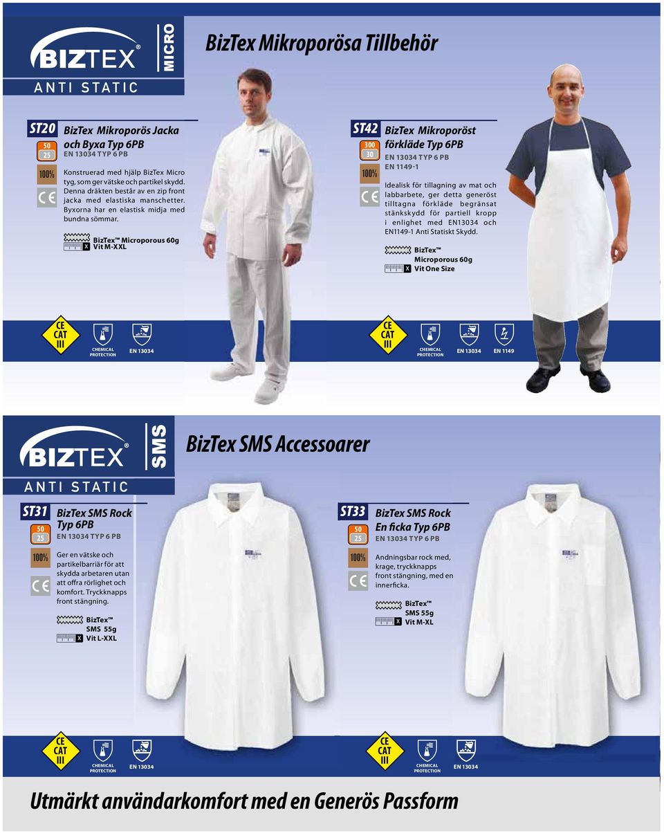 BizTex Microporous 60 g Vit M-XXL 300 30 BizTex Mikroporöst förkläde Typ 6PB TYP 6 PB EN 1149-1 Idealisk för tillagning av mat och labbarbete, ger detta generöst tilltagna förkläde begränsat