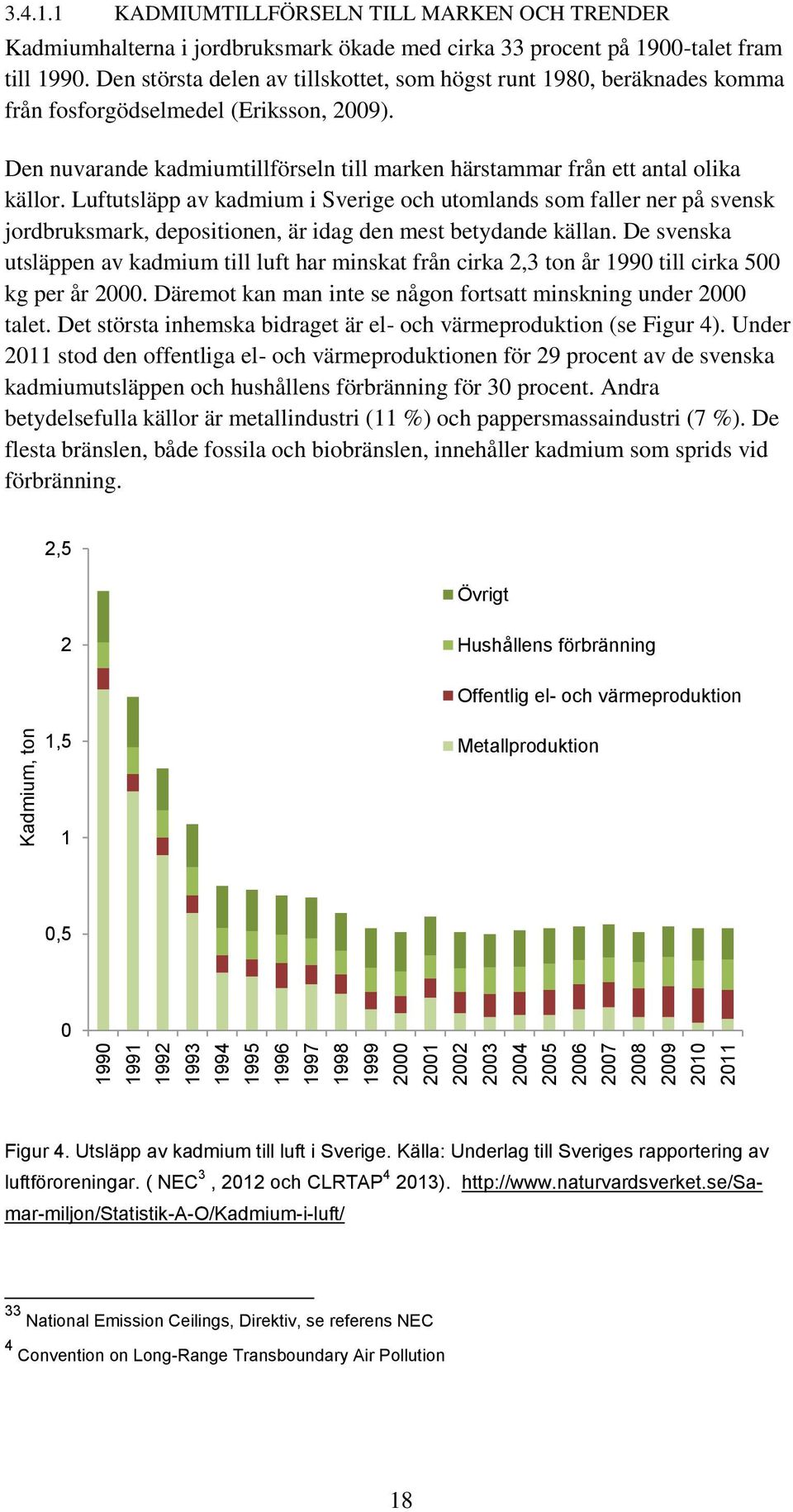 Luftutsläpp av kadmium i Sverige och utomlands som faller ner på svensk jordbruksmark, depositionen, är idag den mest betydande källan.
