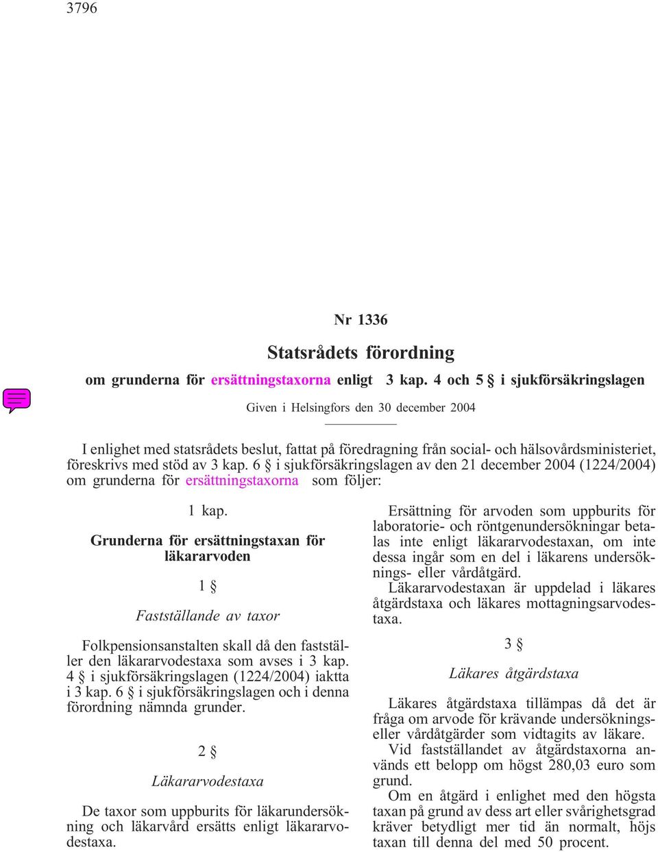 6 i sjukförsäkringslagen av den 21 december 2004 (1224/2004) om grunderna för ersättningstaxorna som följer: 1 kap.