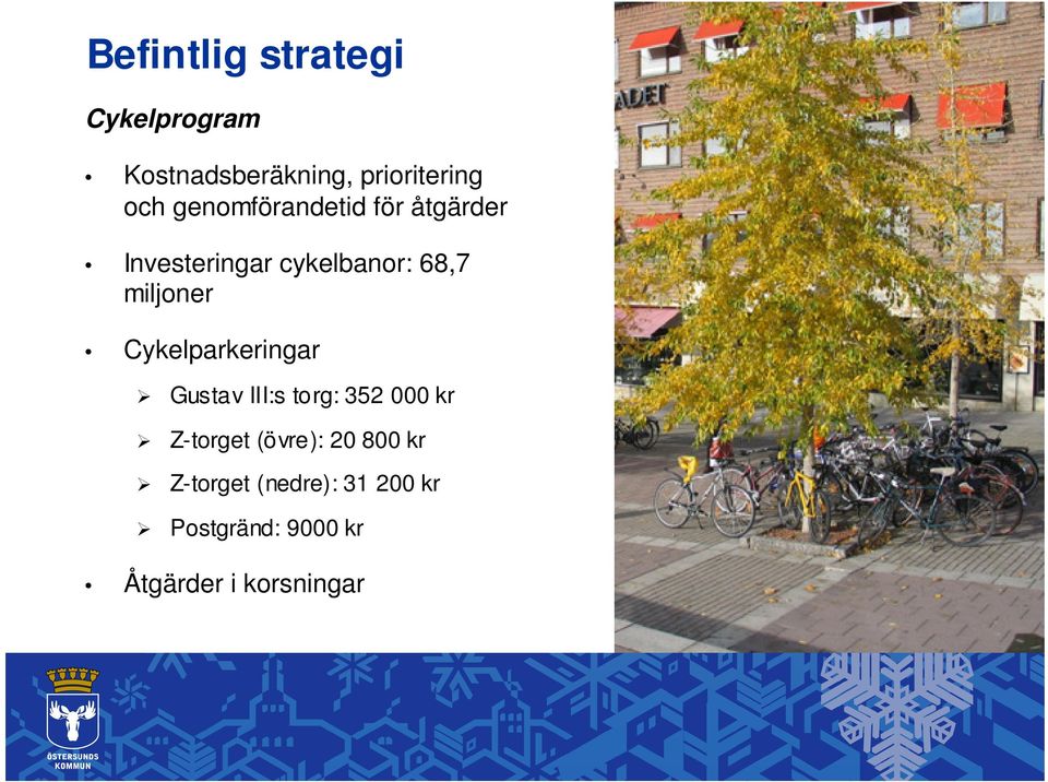 Cykelparkeringar Gustav III:s torg: 352 000 kr Z-torget (övre): 20