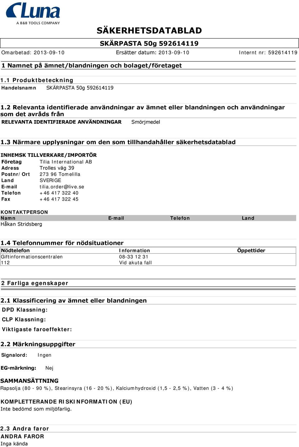 3 Närmare upplysningar om den som tillhandahåller säkerhetsdatablad INHEMSK TILLVERKARE/IMPORTÖR Företag Tilia International AB Adress Trolles väg 39 Postnr/Ort 273 96 Tomelilla Land SVERIGE E-mail