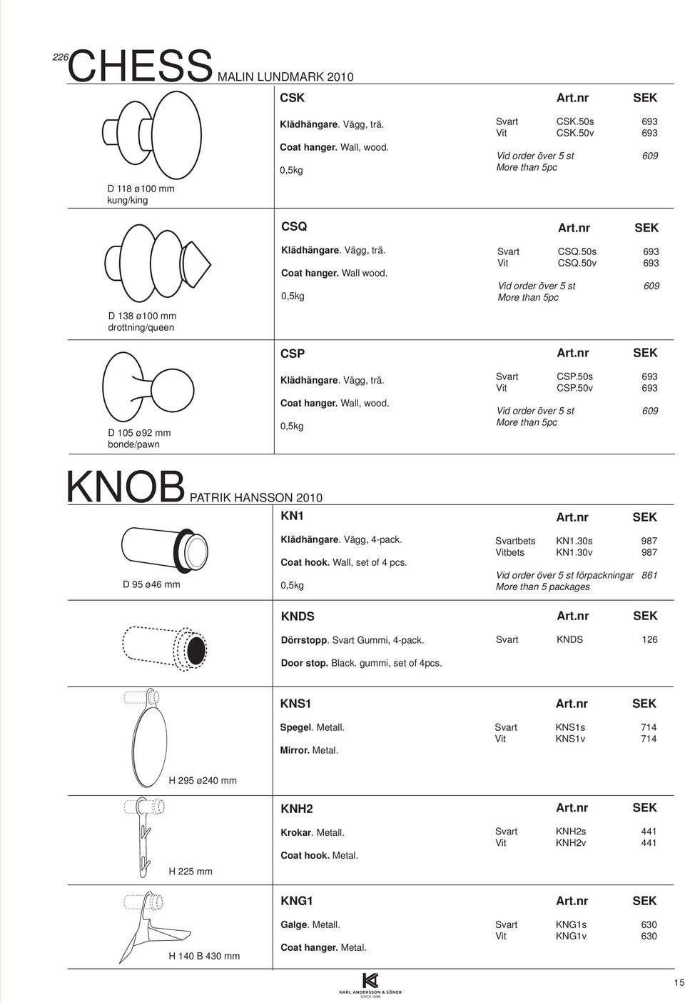 50v 693 Vid order över 5 st 609 More than 5pc CSP D 105 ø92 mm bonde/pawn Klädhängare. Vägg, trä. Coat hanger. Wall, wood. 0,5kg Svart CSP.50s 693 Vit CSP.