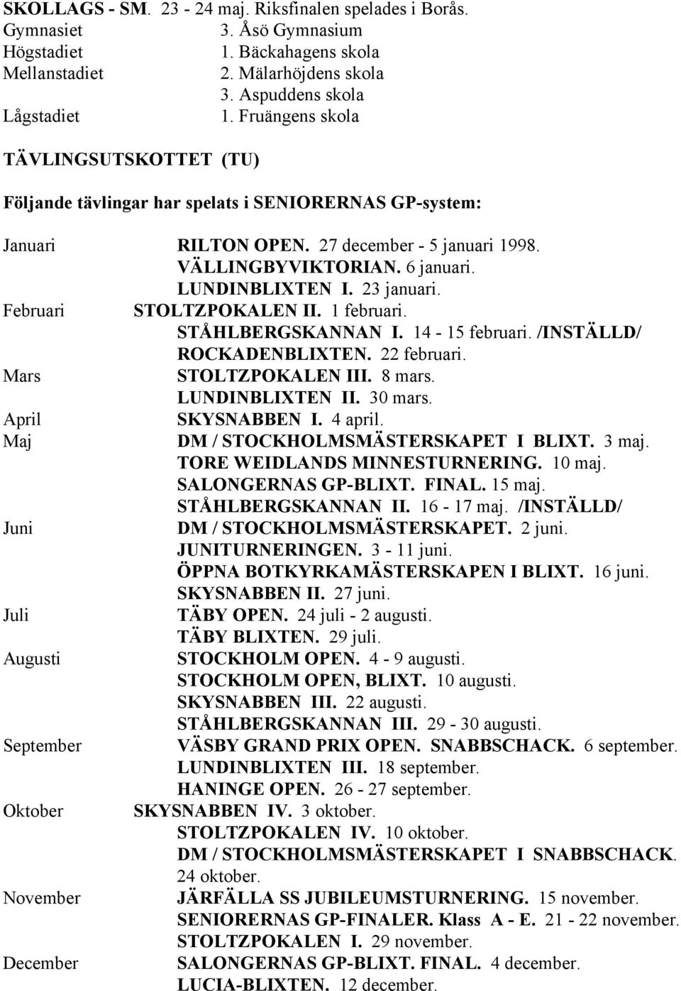 23 januari. Februari STOLTZPOKALEN II. 1 februari. STÅHLBERGSKANNAN I. 14-15 februari. /INSTÄLLD/ ROCKADENBLIXTEN. 22 februari. Mars STOLTZPOKALEN III. 8 mars. LUNDINBLIXTEN II. 30 mars.