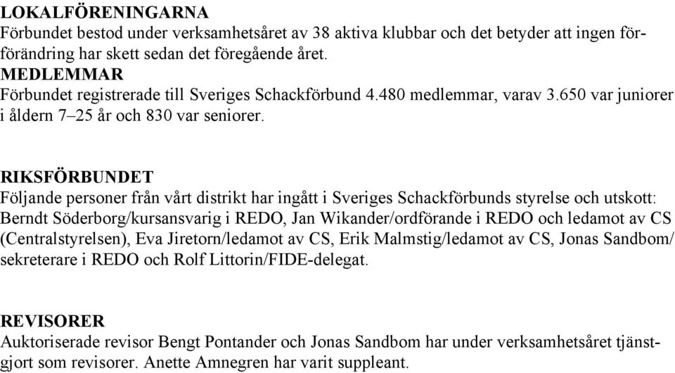 RIKSFÖRBUNDET Följande personer från vårt distrikt har ingått i Sveriges Schackförbunds styrelse och utskott: Berndt Söderborg/kursansvarig i REDO, Jan Wikander/ordförande i REDO och ledamot av CS