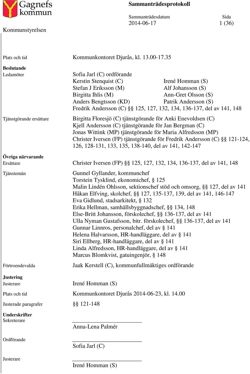 Bengtsson (KD) Patrik Andersson (S) Fredrik Andersson (C) 125, 127, 132, 134, 136-137, del av 141, 148 Birgitta Floresjö (C) tjänstgörande för Anki Enevoldsen (C) Kjell Andersson (C) tjänstgörande