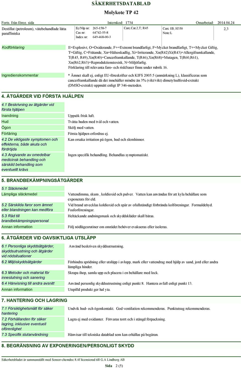 Xi=Irriterande, Xn(R42)Xi(R43)=Allergiframkallande, T(R45, R49),Xn(R40)=Cancerframkallande, T(R46),Xn(R68)=Mutagen, T(R60,R61), Xn(R62,R63)=Reproduktionstoxisk, N=Miljöfarlig.