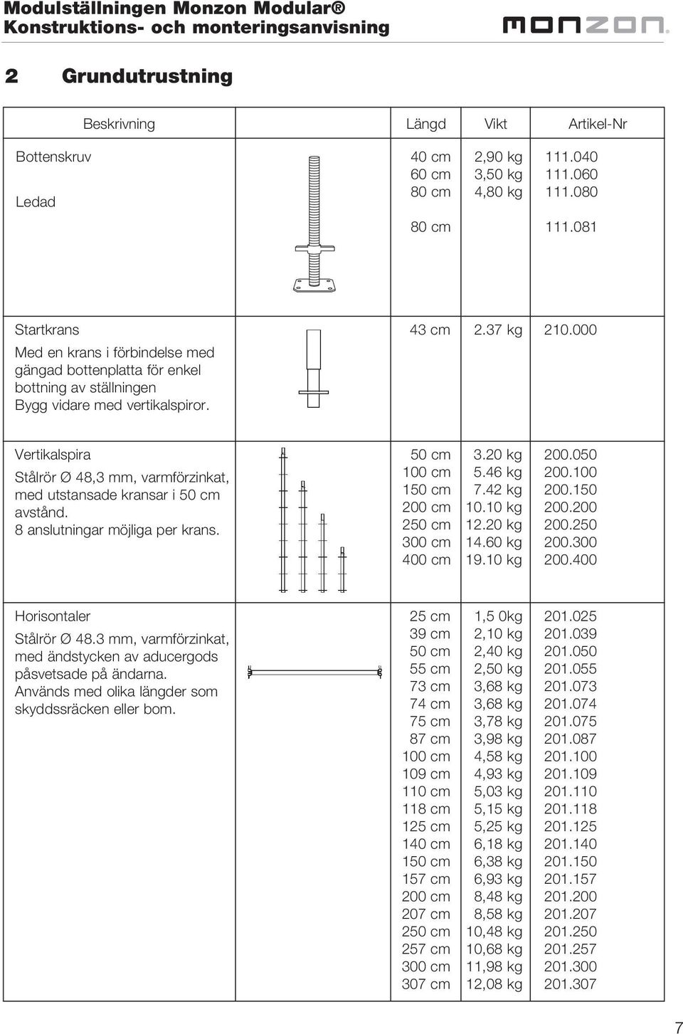 000 Vertikalspira Stålrör Ø 48,3 mm, varmförzinkat, med utstansade kransar i 50 cm avstånd. 8 anslutningar möjliga per krans. 50 cm 100 cm 150 cm 200 cm 400 cm 3.20 kg 5.46 kg 7.42 kg 10.10 kg 12.