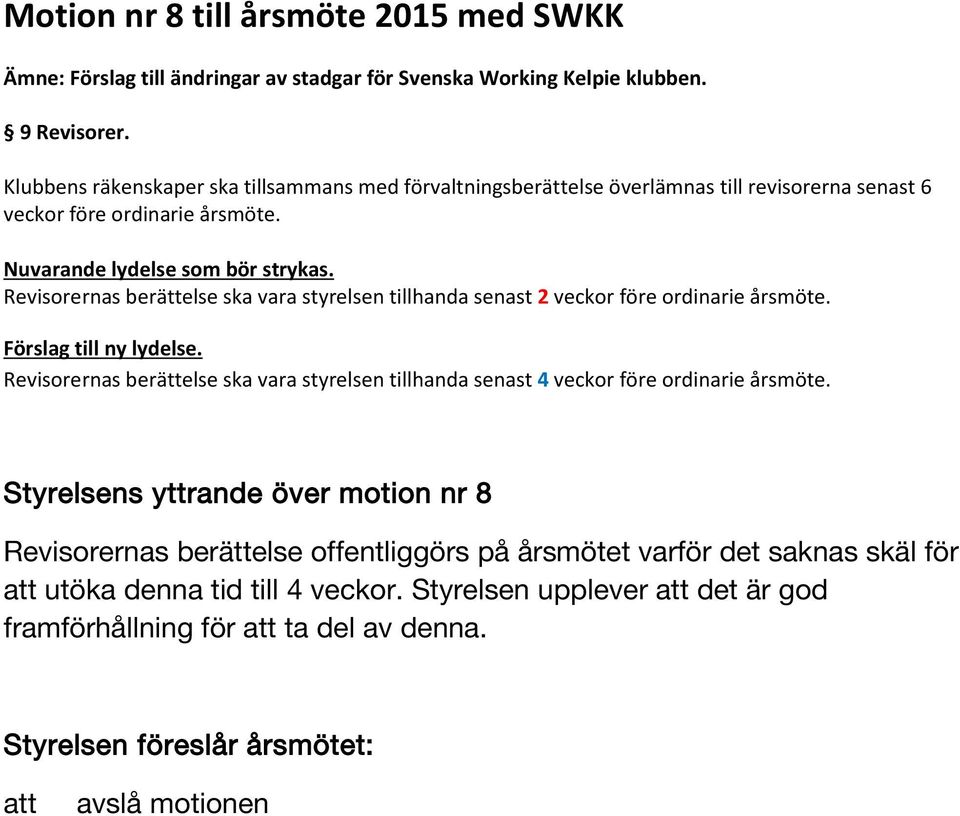 Revisorernas berättelse ska vara styrelsen tillhanda senast 2 veckor före ordinarie årsmöte. Förslag till ny lydelse.