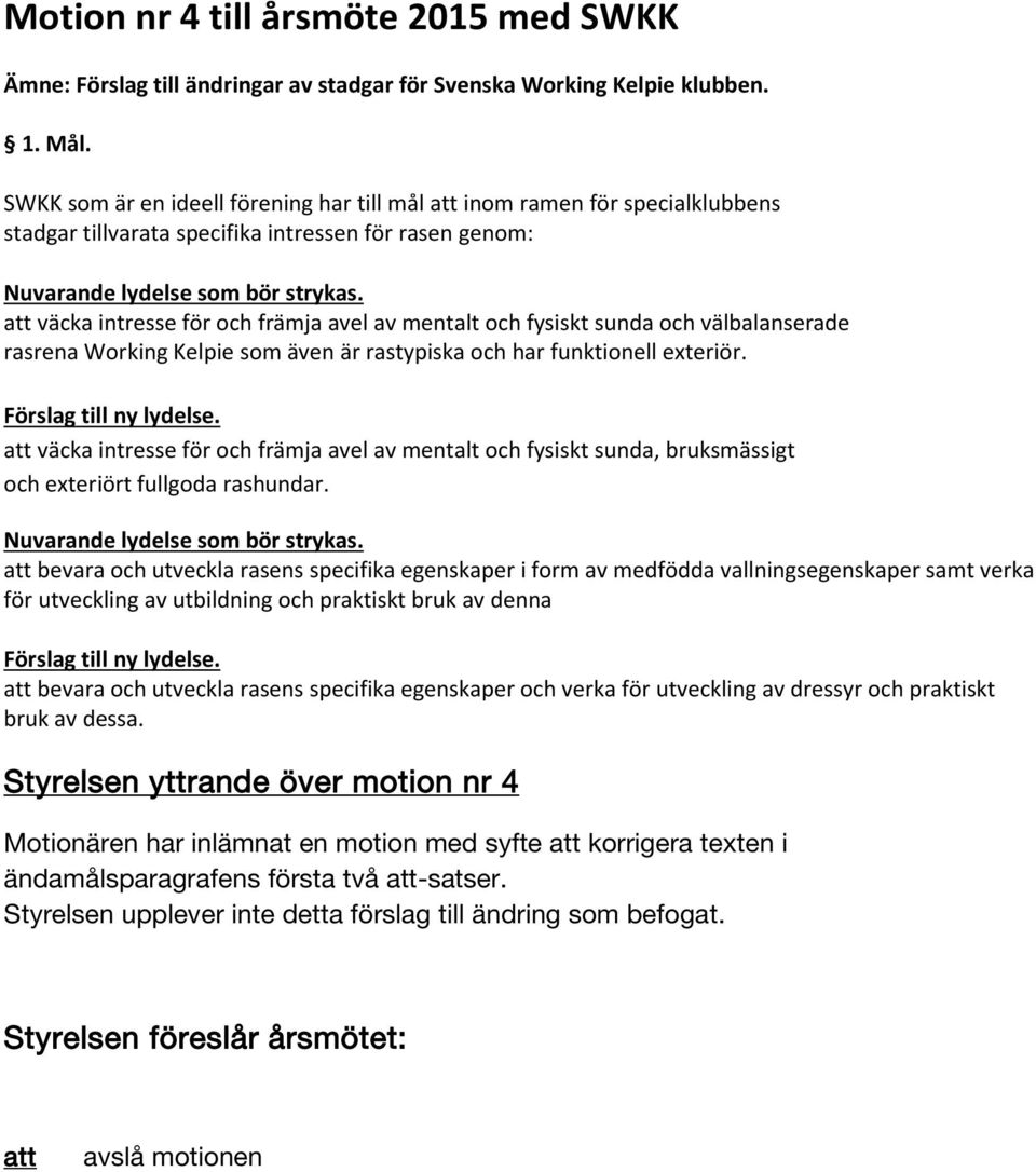 väcka intresse för och främja avel av mentalt och fysiskt sunda och välbalanserade rasrena Working Kelpie som även är rastypiska och har funktionell exteriör. Förslag till ny lydelse.