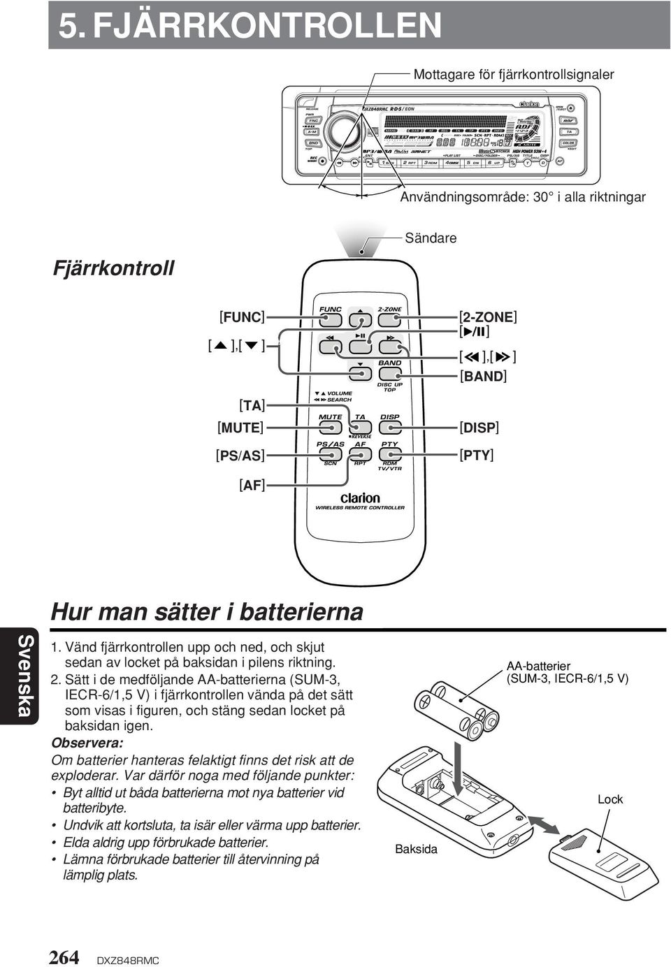 Sätt i de medföljande AA-batterierna (SUM-3, IECR-6/1,5 V) i fjärrkontrollen vända på det sätt som visas i figuren, och stäng sedan locket på baksidan igen.