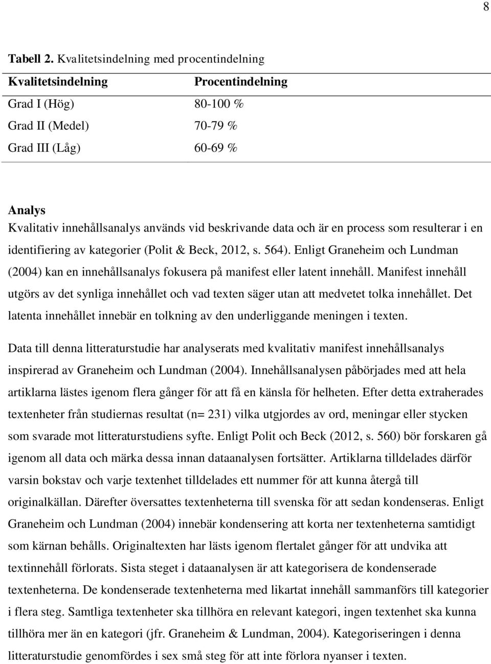 beskrivande data och är en process som resulterar i en identifiering av kategorier (Polit & Beck, 2012, s. 564).