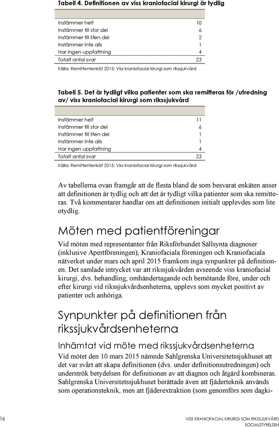 Remittentenkät 2015: Viss kraniofacial kirurgi som rikssjukvård Tabell 5.