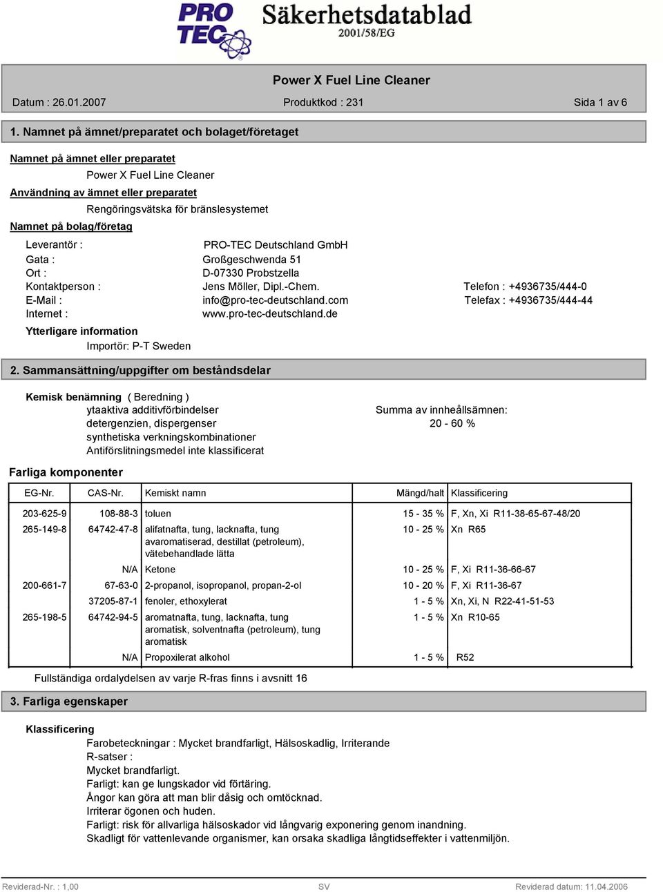 bränslesystemet Leverantör : PRO-TEC Deutschland GmbH Gata : Großgeschwenda 51 Ort : D-070 Probstzella Kontaktperson : Jens Möller, Dipl.-Chem.