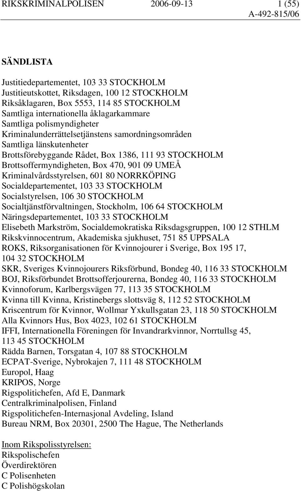 Brottsoffermyndigheten, Box 470, 901 09 UMEÅ Kriminalvårdsstyrelsen, 601 80 NORRKÖPING Socialdepartementet, 103 33 STOCKHOLM Socialstyrelsen, 106 30 STOCKHOLM Socialtjänstförvaltningen, Stockholm,