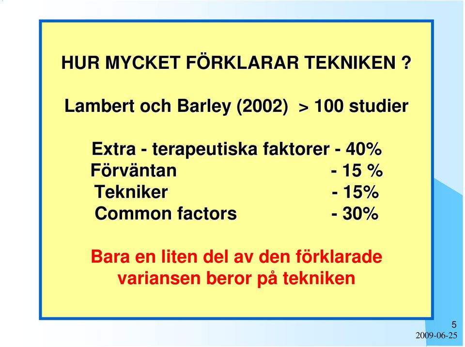 terapeutiska faktorer - 40% Förväntan - 15 % Tekniker -