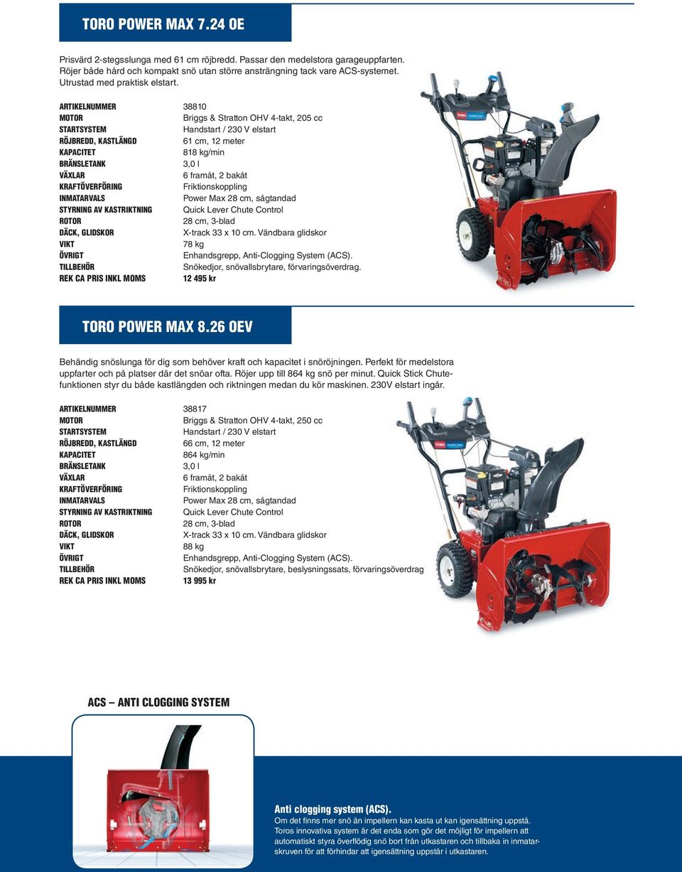 ARTIKELNUMMER 38810 Briggs & Stratton OHV 4-takt, 205 cc 61 cm, 12 meter 818 kg/min 3,0 l VÄXLAR 6 framåt, 2 bakåt KRAFTÖVERFÖRING Friktionskoppling Power Max 28 cm, sågtandad STYRNING AV