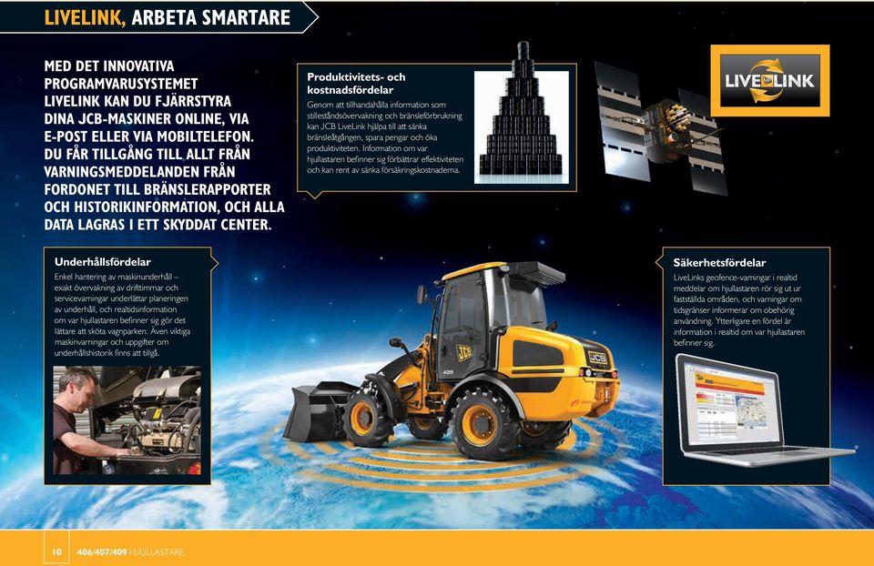 Produktivitets- och kostnadsfördelar Genom att tillhandahålla information som stilleståndsövervakning och bränsleförbrukning kan JCB LiveLink hjälpa till att sänka bränsleåtgången, spara pengar och