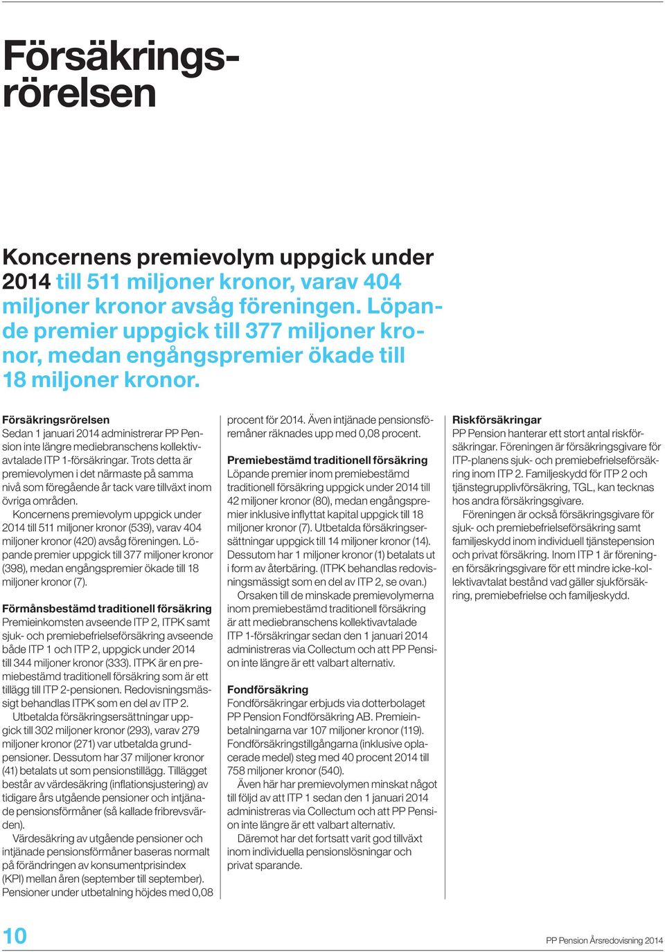 Försäkringsrörelsen Sedan 1 januari 2014 administrerar PP Pension inte längre mediebranschens kollektivavtalade ITP 1-försäkringar.