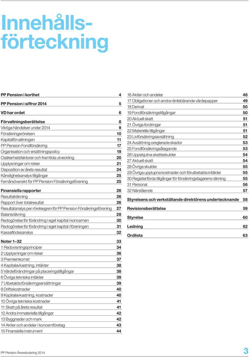 25 Femårsöversikt för PP Pension Försäkringsförening 25 Finansiella rapporter 26 Resultaträkning 26 Rapport över totalresultat 26 Resultatanalys per rörelsegren för PP Pension Försäkringsförening 27