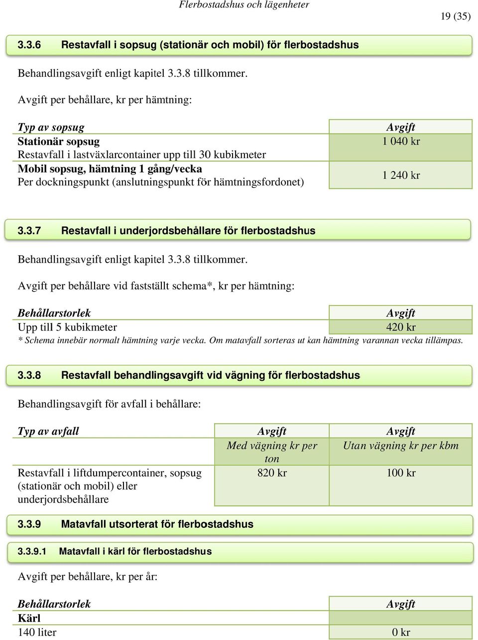 hämtningsfordonet) 1 040 kr 1 240 kr 3.3.7 Restavfall i underjordsbehållare för flerbostadshus enligt kapitel 3.3.8 tillkommer.