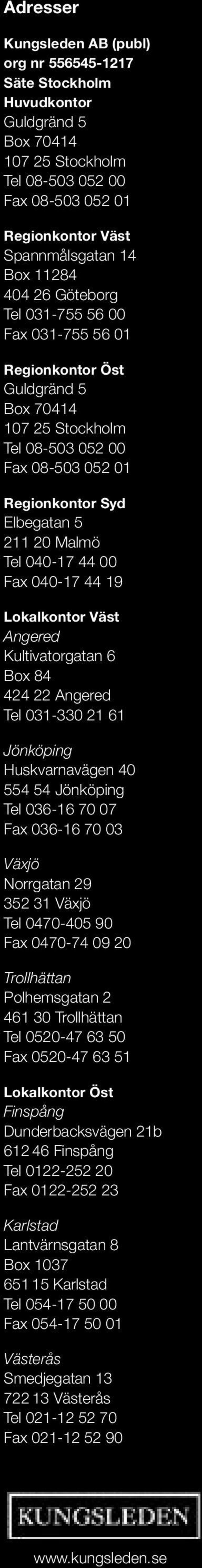 00 Fax 040-17 44 19 Lokalkontor Väst Angered Kultivatorgatan 6 Box 84 424 22 Angered Tel 031-330 21 61 Jönköping Huskvarnavägen 40 554 54 Jönköping Tel 036-16 70 07 Fax 036-16 70 03 Växjö Norrgatan