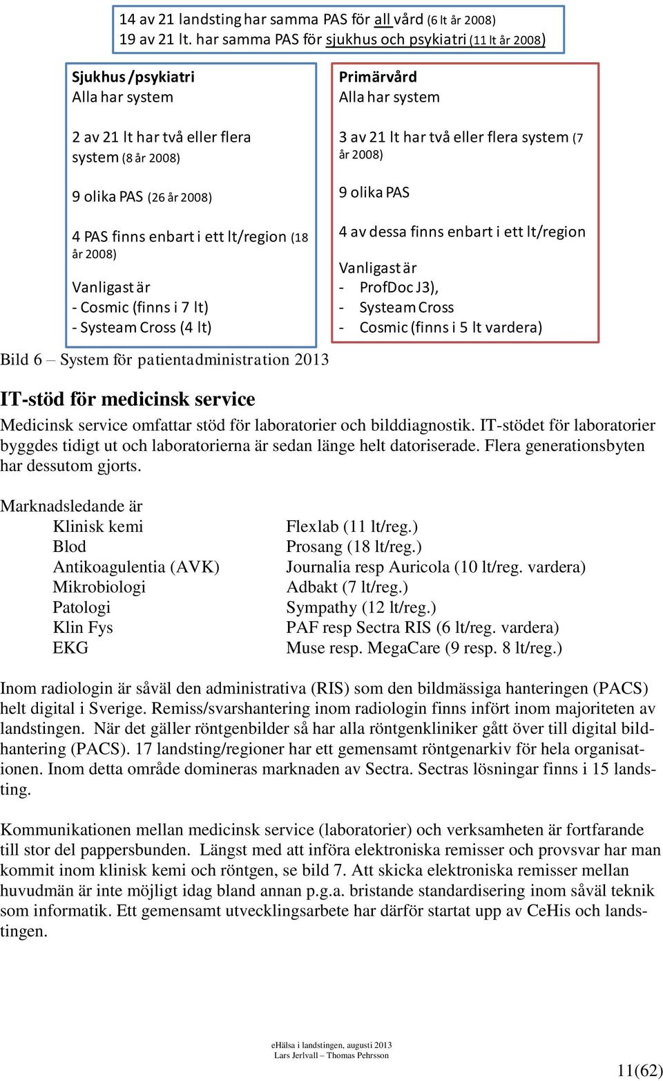 år 28) Vanligast är - Cosmic (finns i 7 lt) - Systeam Cross (4 lt) Bild 6 System för patientadministration 213 Primärvård Alla har system 3 av 21 lt har två eller flera system (7 år 28) 9 olika PAS 4