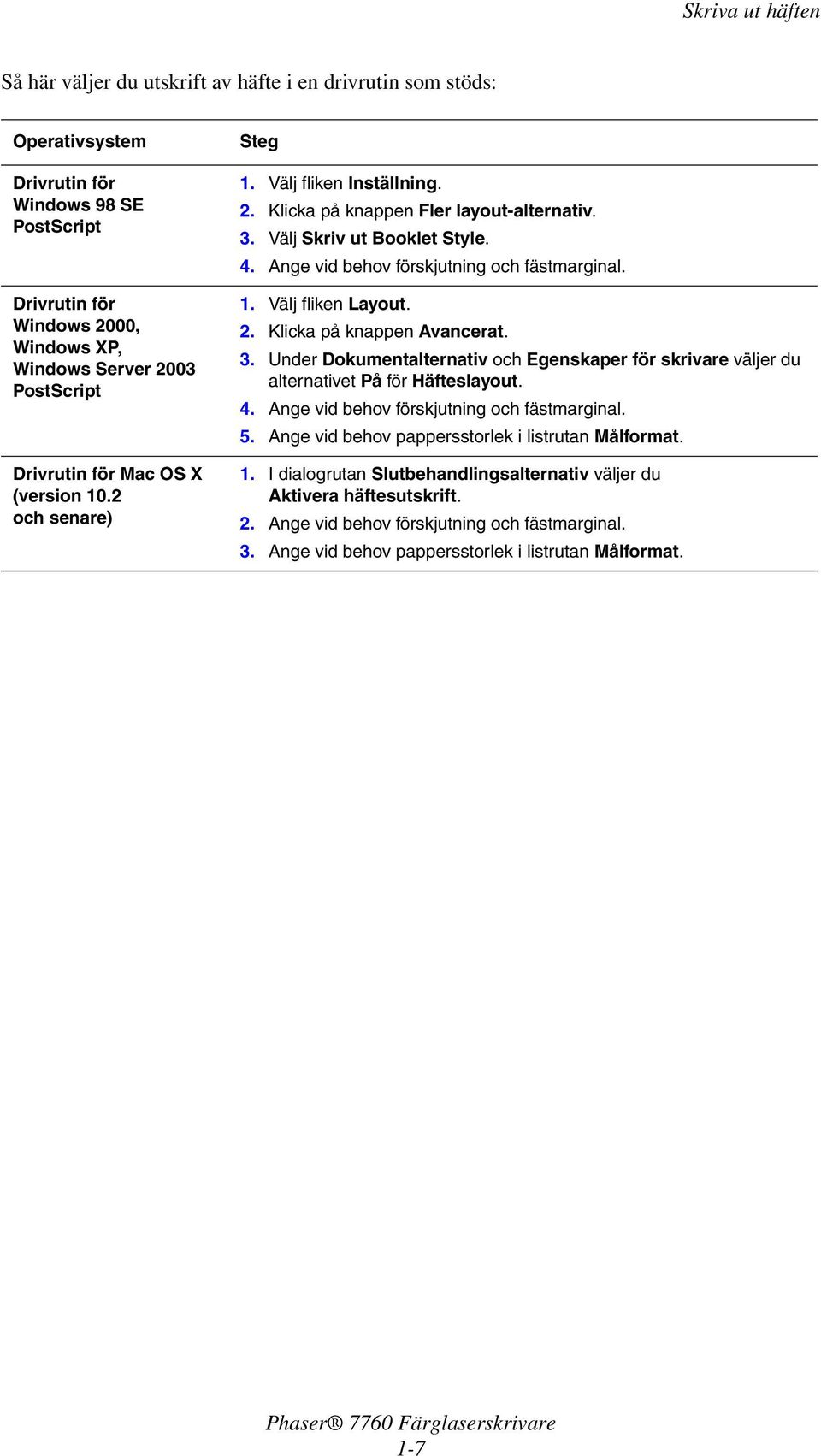 Ange vid behov förskjutning och fästmarginal. 1. Välj fliken Layout. 2. Klicka på knappen Avancerat. 3. Under Dokumentalternativ och Egenskaper för skrivare väljer du alternativet På för Häfteslayout.