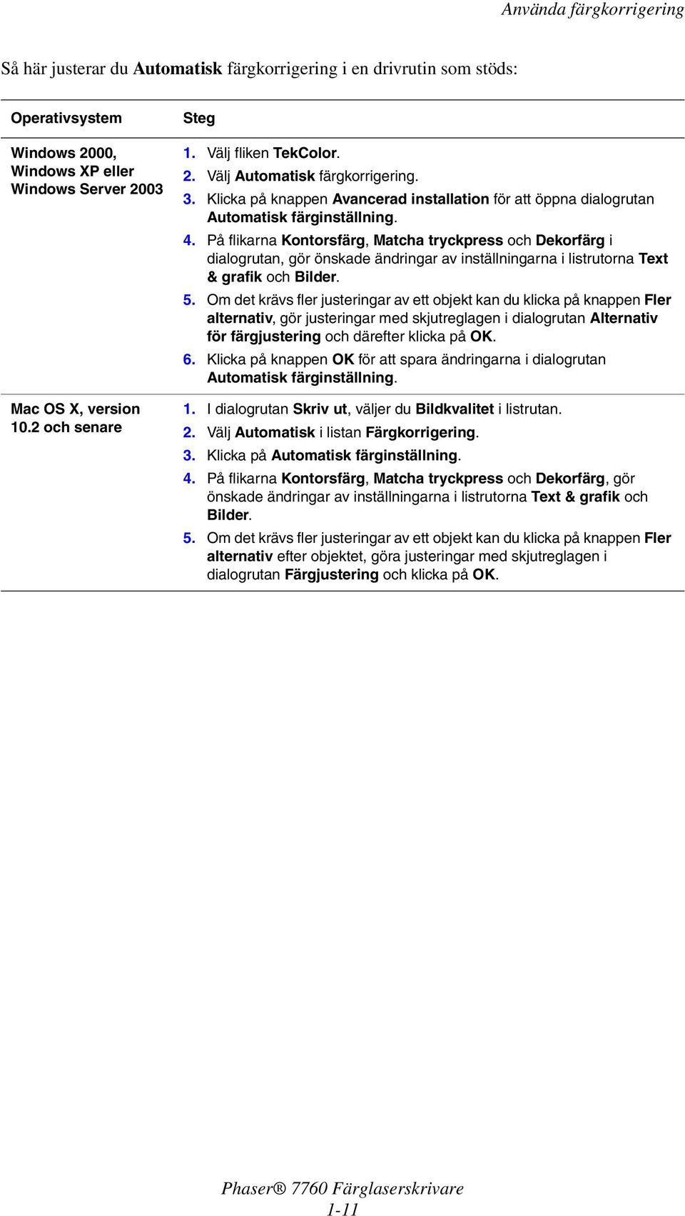 På flikarna Kontorsfärg, Matcha tryckpress och Dekorfärg i dialogrutan, gör önskade ändringar av inställningarna i listrutorna Text & grafik och Bilder. 5.