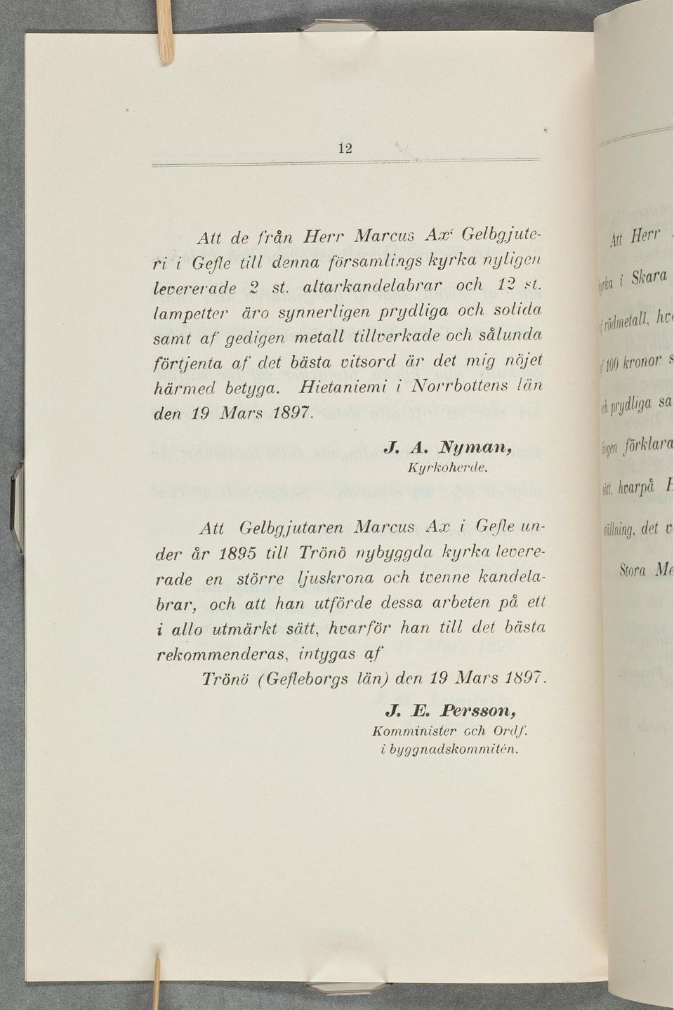 Hietaniemi z Norrbottens (din den 19 Mars 1897. J. A. Nyman, Kyrkoherde.