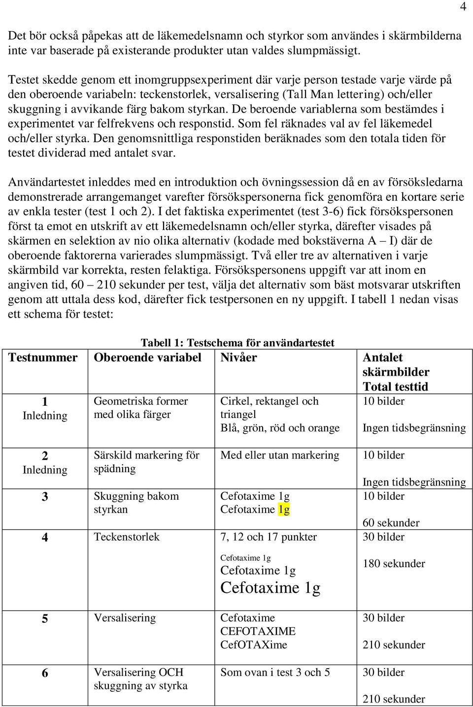 bakom styrkan. De beroende variablerna som bestämdes i experimentet var felfrekvens och responstid. Som fel räknades val av fel läkemedel och/eller styrka.