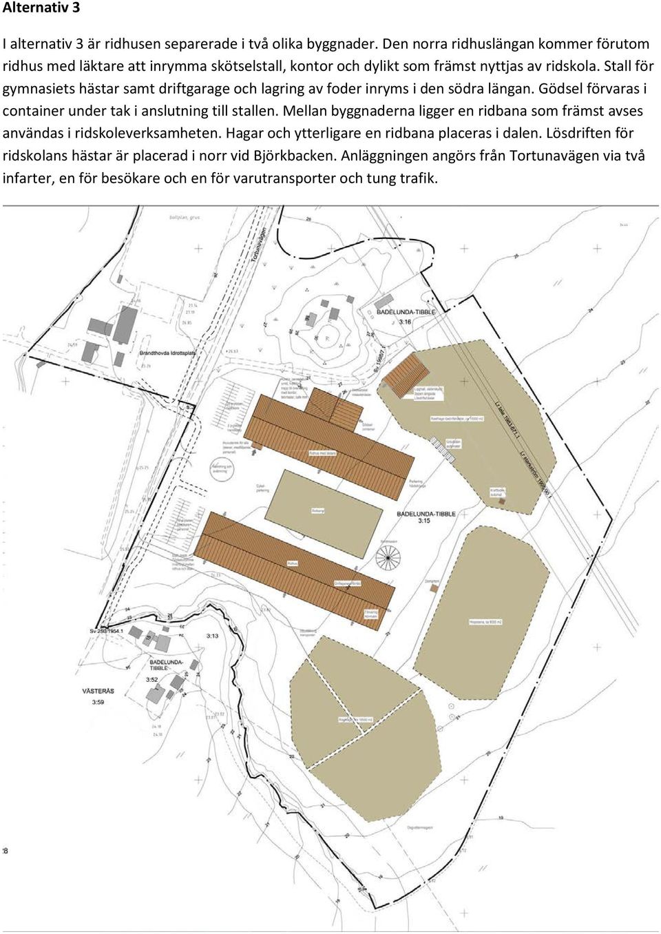 Stall för gymnasiets hästar samt driftgarage och lagring av foder inryms i den södra längan. Gödsel förvaras i container under tak i anslutning till stallen.