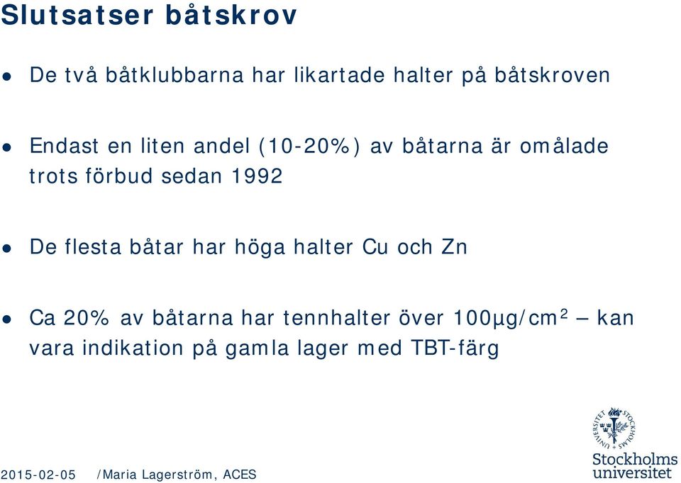 förbud sedan 1992 De flesta båtar har höga halter Cu och Zn Ca 20% av