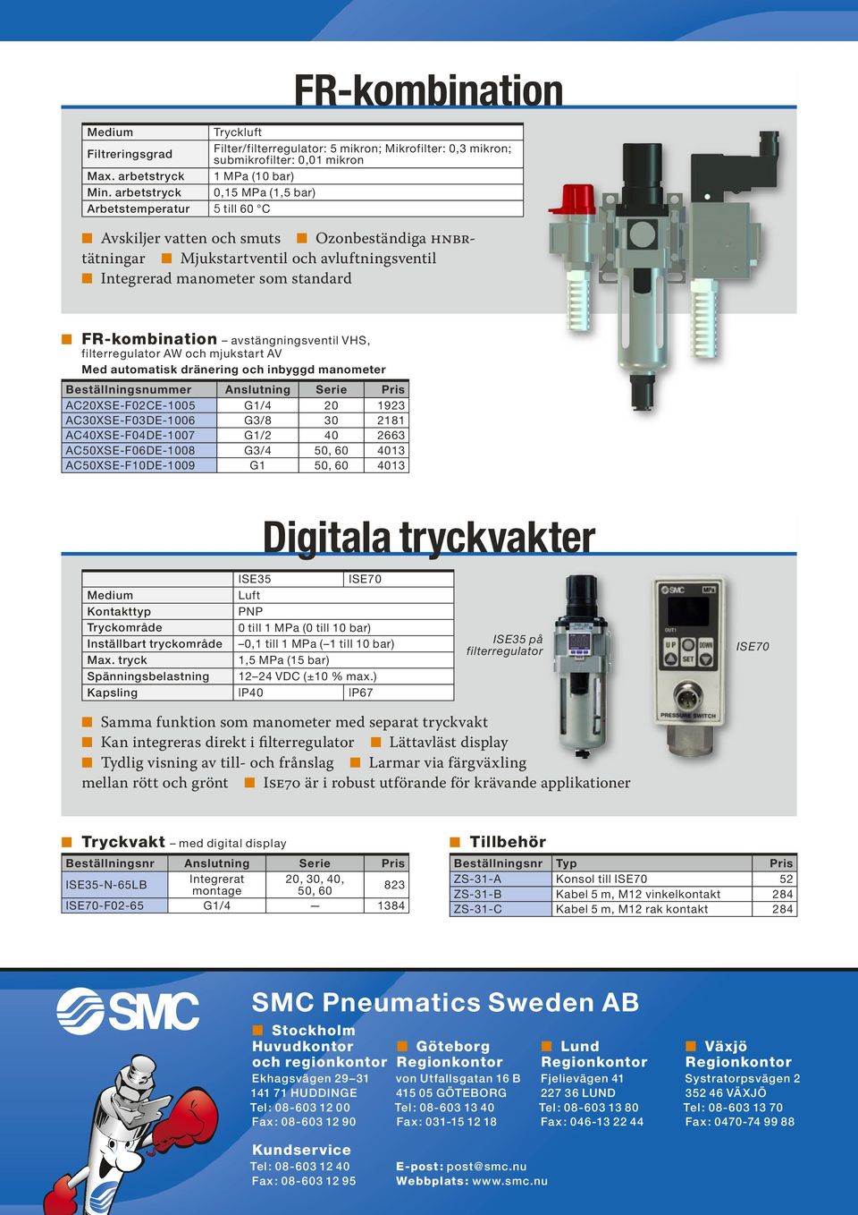 FR-kombination avstängningsventil VHS, filterregulator AW och mjukstart AV Med automatisk dränering och inbyggd manometer Beställningsnummer Anslutning Serie Pris AC20XSE-F02CE-1005 G1/4 20 1923