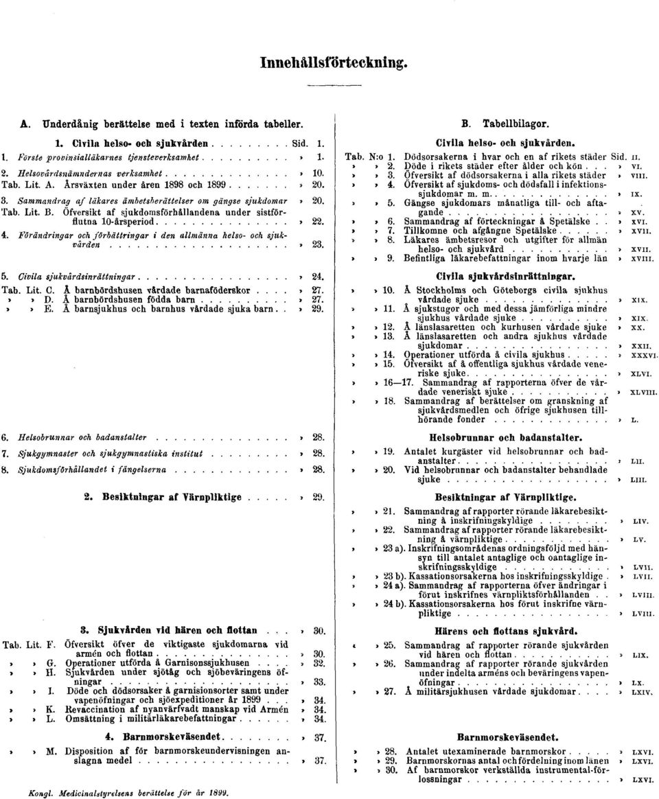 Öfversikt af sjukdomsförhållandena under sistförflutna 10-årsperiod» 22. 4. Förändringar och förbättringar i den allmänna helso- och sjukvården» 23. 5. Civila sjukvårdsinrättningar» 24. Tab. Lit. C. Å barnbördshusen vårdade barnaföderskor.