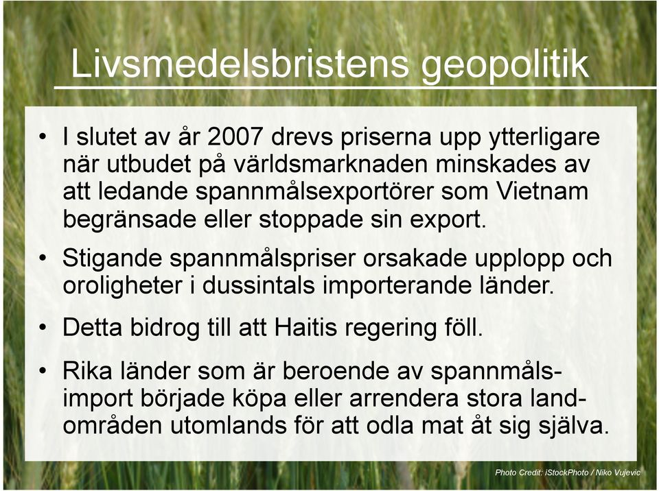 Stigande spannmålspriser orsakade upplopp och oroligheter i dussintals importerande länder.