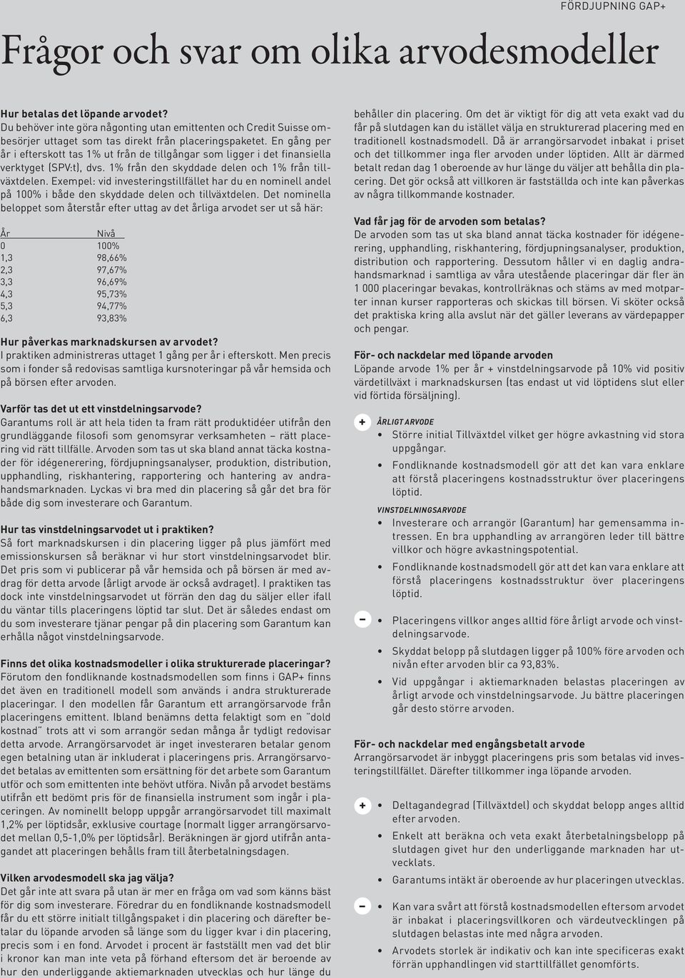 En gång per år i efterskott tas 1% ut från de tillgångar som ligger i det finansiella verktyget (SPV:t), dvs. 1% från den skyddade delen och 1% från tillväxtdelen.