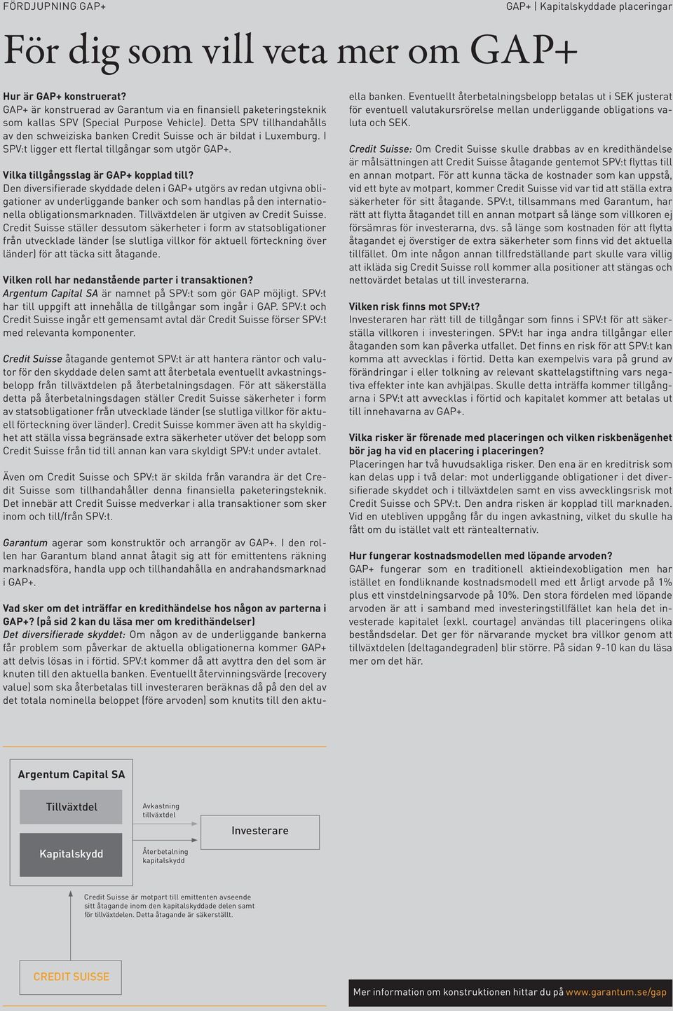 Detta SPV tillhandahålls av den schweiziska banken Credit Suisse och är bildat i Luxemburg. I SPV:t ligger ett flertal tillgångar som utgör GAP+. Vilka tillgångsslag är GAP+ kopplad till?