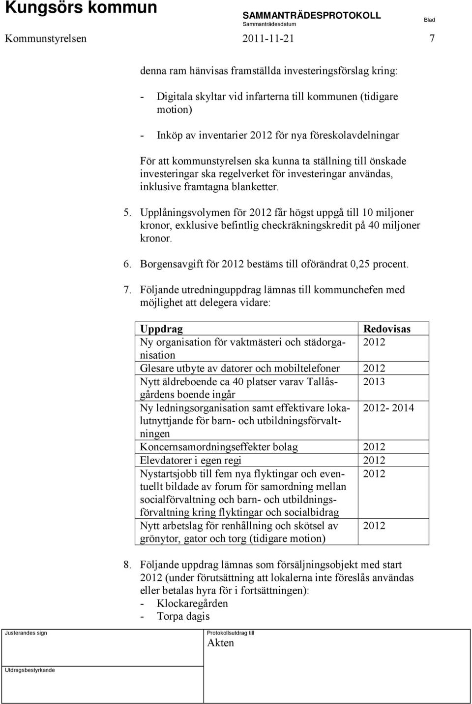 Upplåningsvolymen för 2012 får högst uppgå till 10 miljoner kronor, exklusive befintlig checkräkningskredit på 40 miljoner kronor. 6. Borgensavgift för 2012 bestäms till oförändrat 0,25 procent. 7.