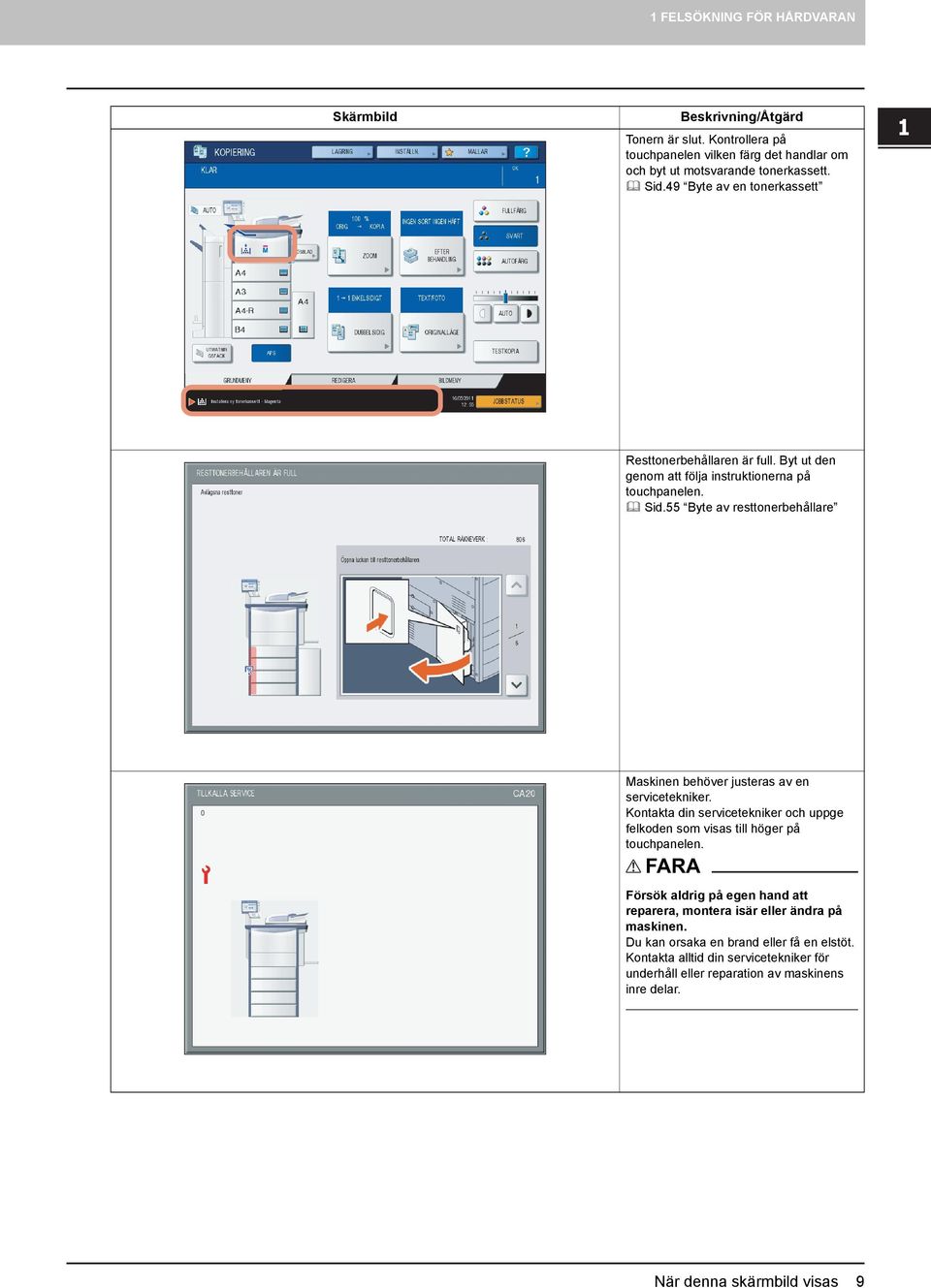 Byt ut den genom att följa instruktionerna på touchpanelen. Sid.55 Byte av resttonerbehållare Maskinen behöver justeras av en servicetekniker.