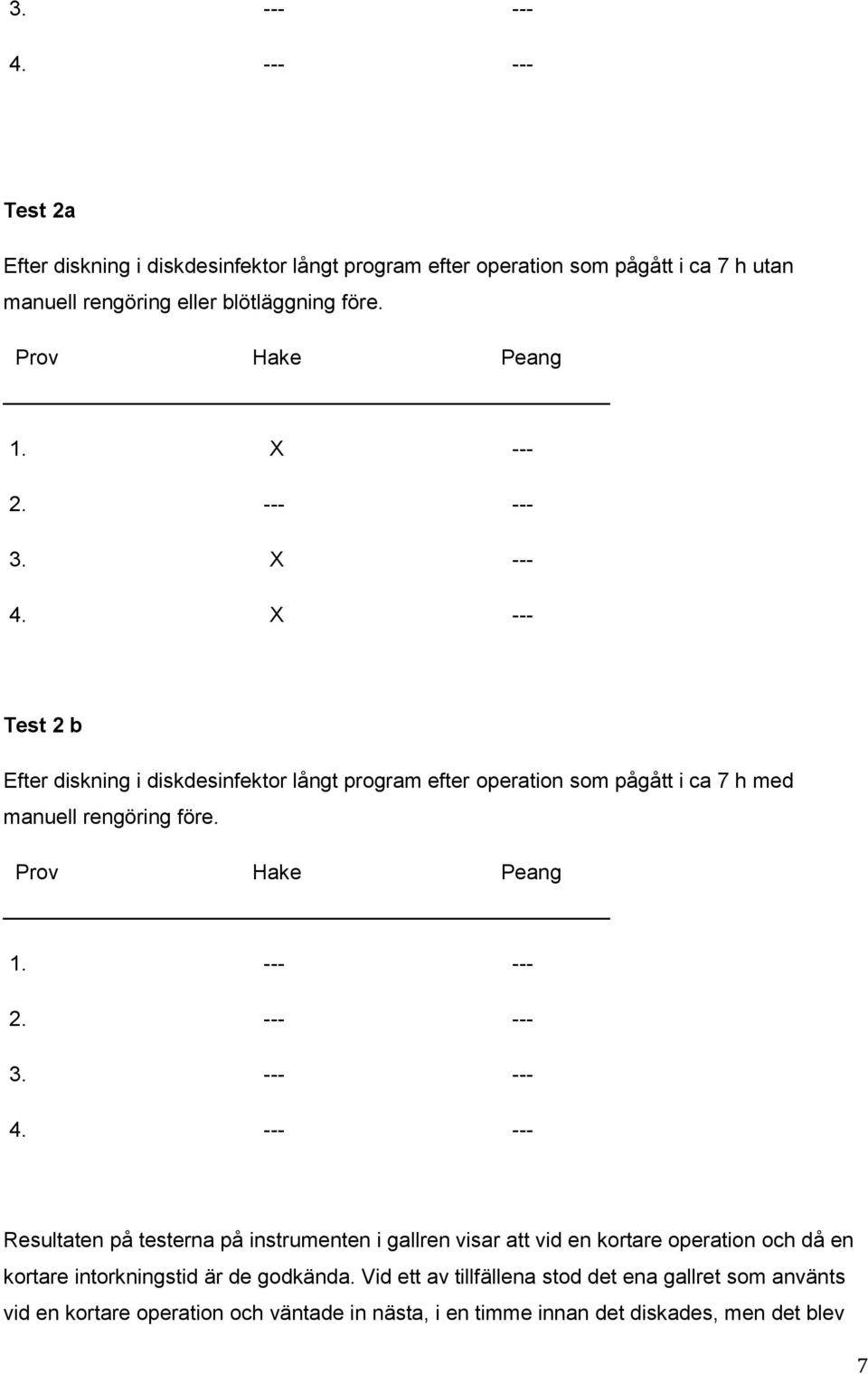 X --- Test 2 b Efter diskning i diskdesinfektor långt program efter operation som pågått i ca 7 h med manuell rengöring före. Prov Hake Peang 1. --- --- 2. --- --- 3.