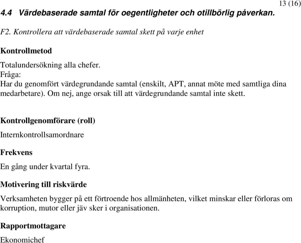 Fråga: Har du genomfört värdegrundande samtal (enskilt, APT, annat möte med samtliga dina medarbetare).