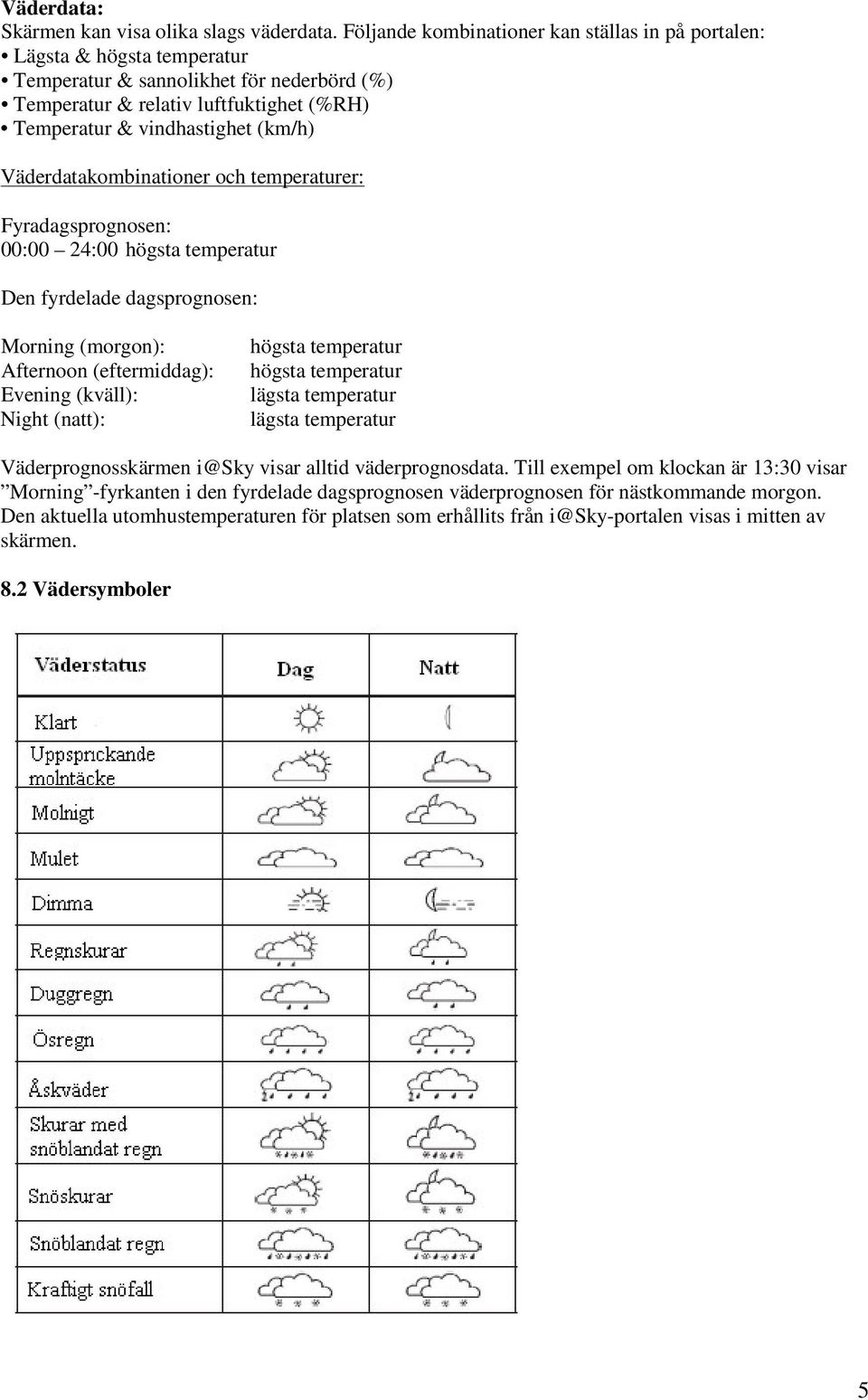 Väderdatakombinationer och temperaturer: Fyradagsprognosen: 00:00 24:00 högsta temperatur Den fyrdelade dagsprognosen: Morning (morgon): Afternoon (eftermiddag): Evening (kväll): Night (natt): högsta