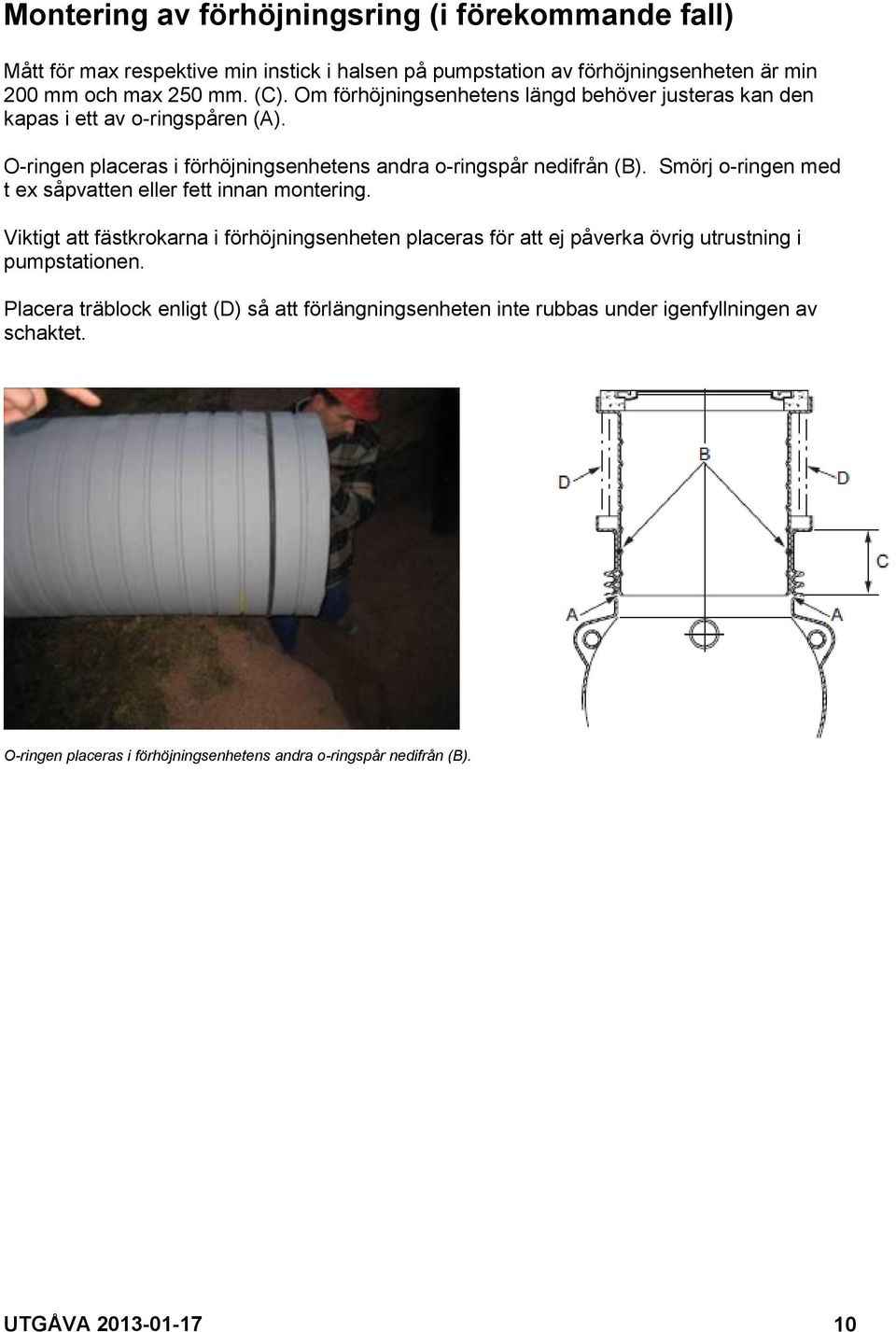 Smörj o-ringen med t ex såpvatten eller fett innan montering. Viktigt att fästkrokarna i förhöjningsenheten placeras för att ej påverka övrig utrustning i pumpstationen.